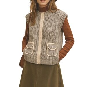 Rita Ora Primark Knit Vest Womens M Sleeveless Pockets Cream Trim Grey